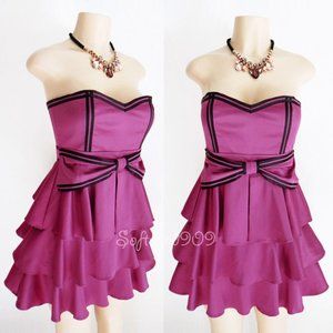 Satin Bow Tiered Ruffle Strapless Cocktail Dress